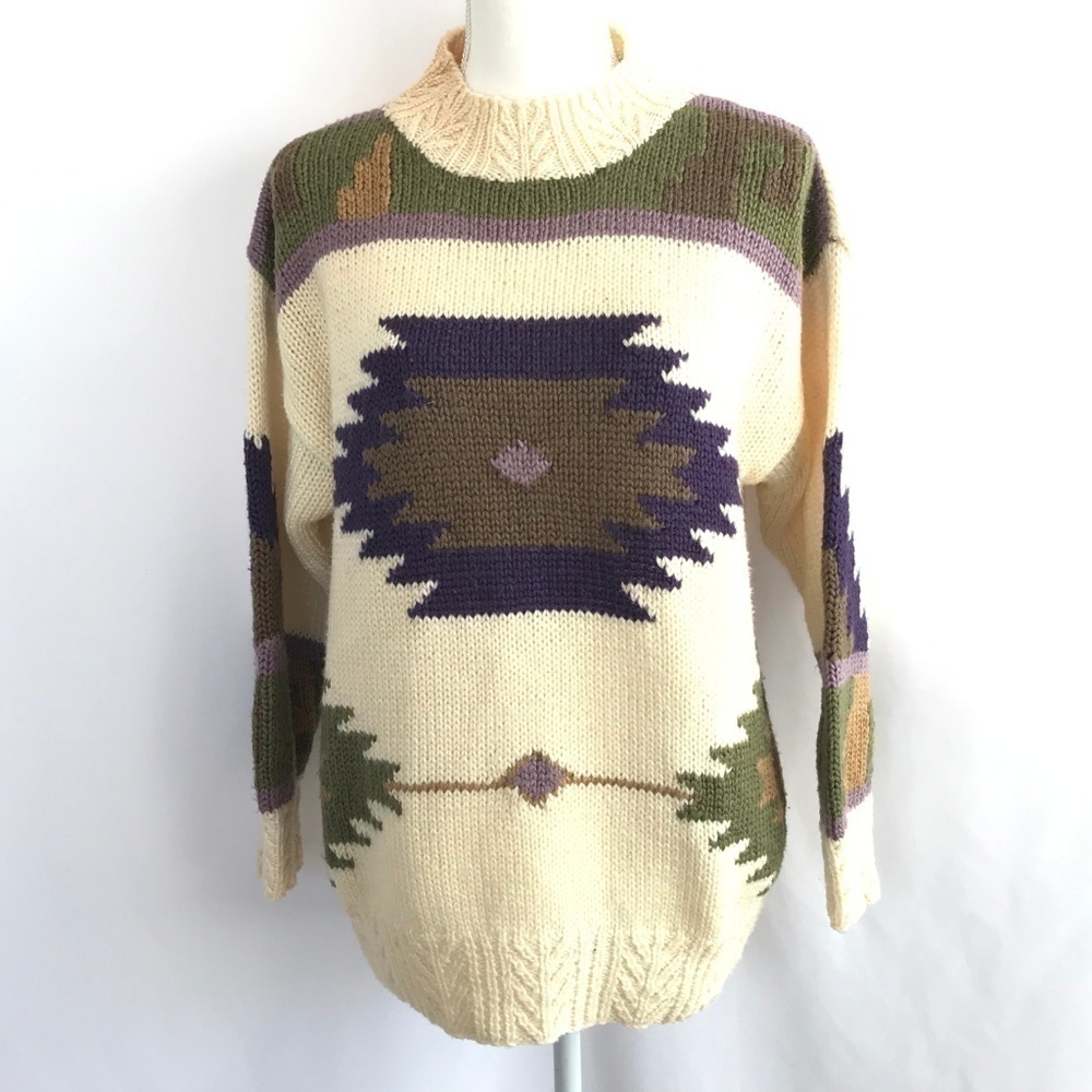 Outback Red Cream Aztec Turtleneck Sweater with Olive and Purple Accents